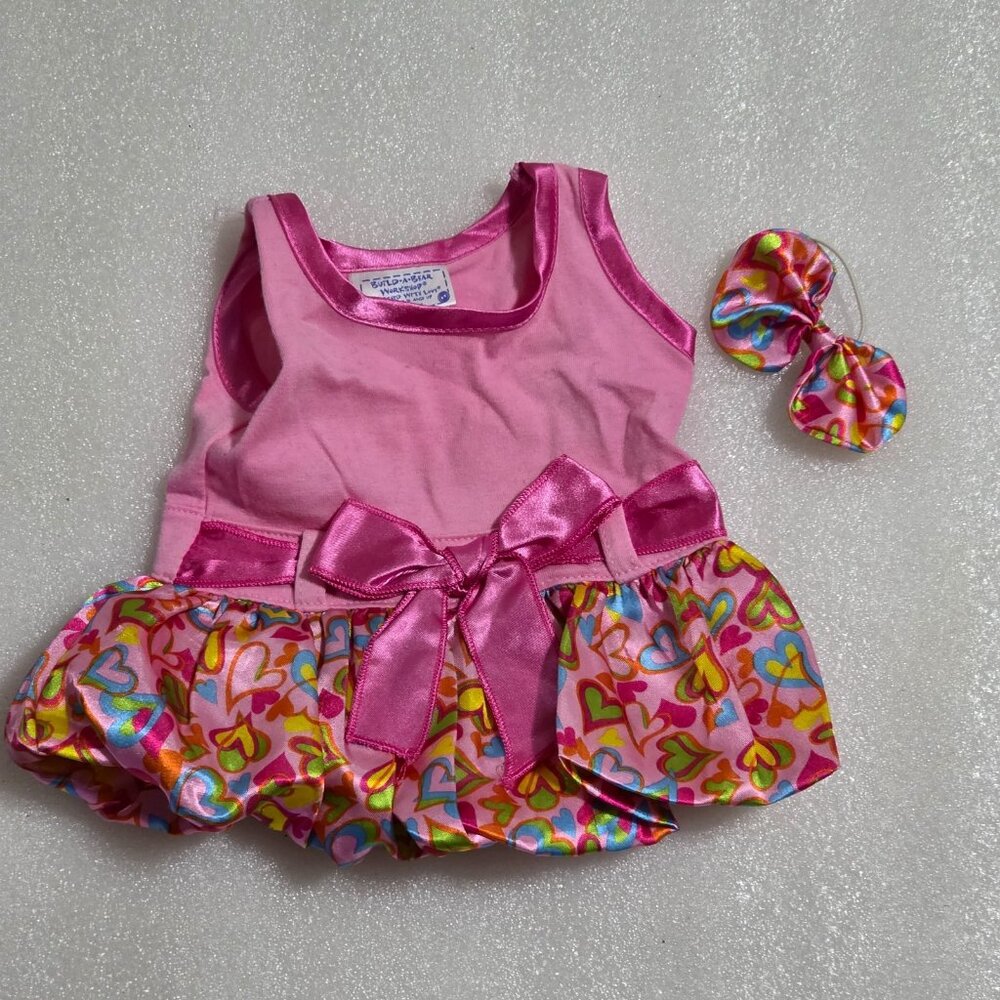 Build-a-Bear Pink Tank Dress Rainbow colored hearts Bow & hairbow Lot